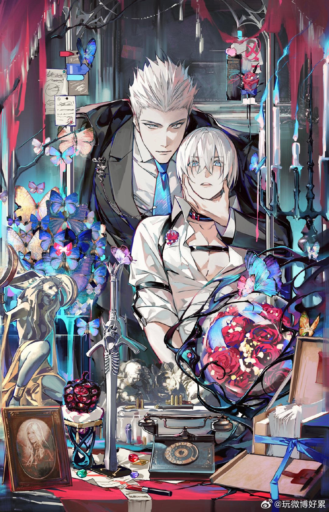 2boys artist_request bishounen blue_butterfly blue_eyes brothers bug butterfly candlestand chain_necklace check_artist coat cumcmn dante_(devil_may_cry) desk devil_may_cry_(series) devil_may_cry_3 eva_(devil_may_cry) glowing_butterfly hair_slicked_back highres jacket jewelry long_hair looking_at_viewer male_focus multiple_boys necklace necktie open_clothes open_shirt petals photo_(object) picture_frame rebellion_(sword) shirt siblings sleeves_rolled_up smile statue too_many_butterflies too_many_flowers vergil_(devil_may_cry) white_hair white_shirt