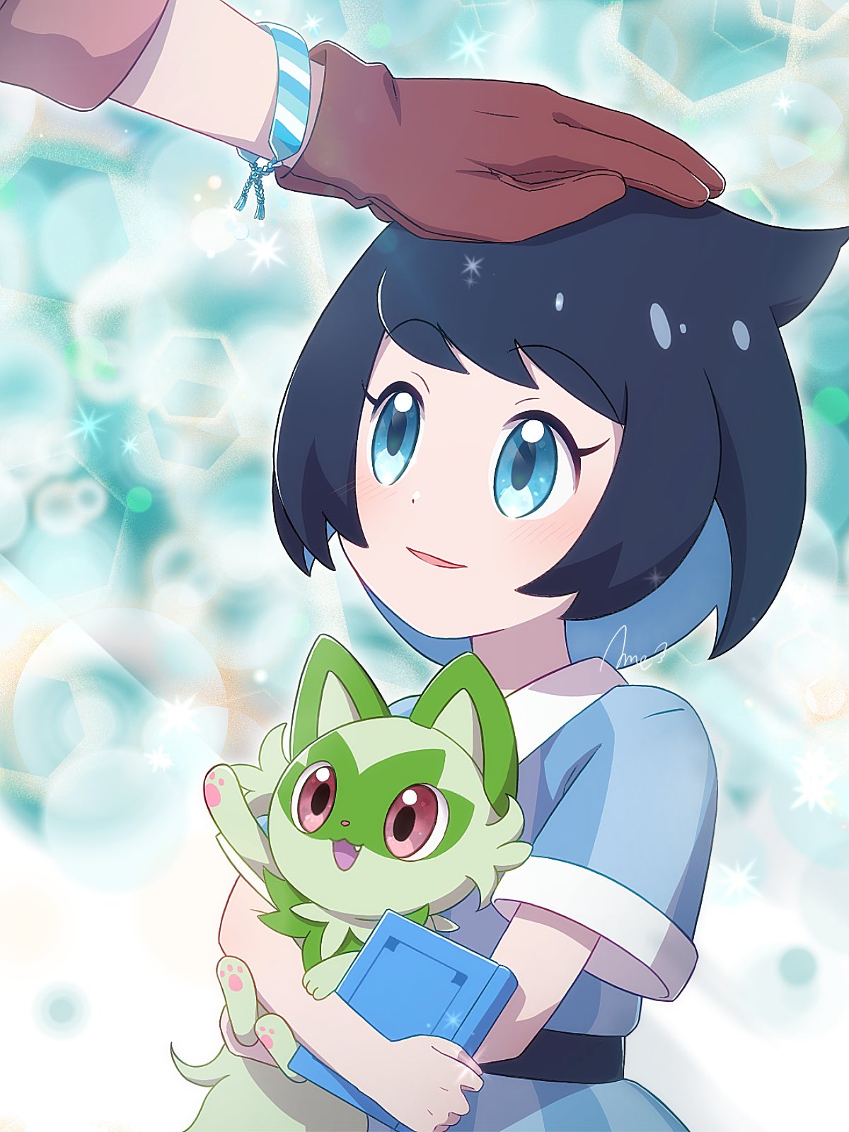 aged_down amedamaneko black_hair blue_dress blue_eyes blush book dress fangs gloves hand_on_another's_head headpat highres holding liko_(pokemon) open_mouth pokemon pokemon_(anime) pokemon_(creature) pokemon_horizons red_eyes short_hair smile sprigatito