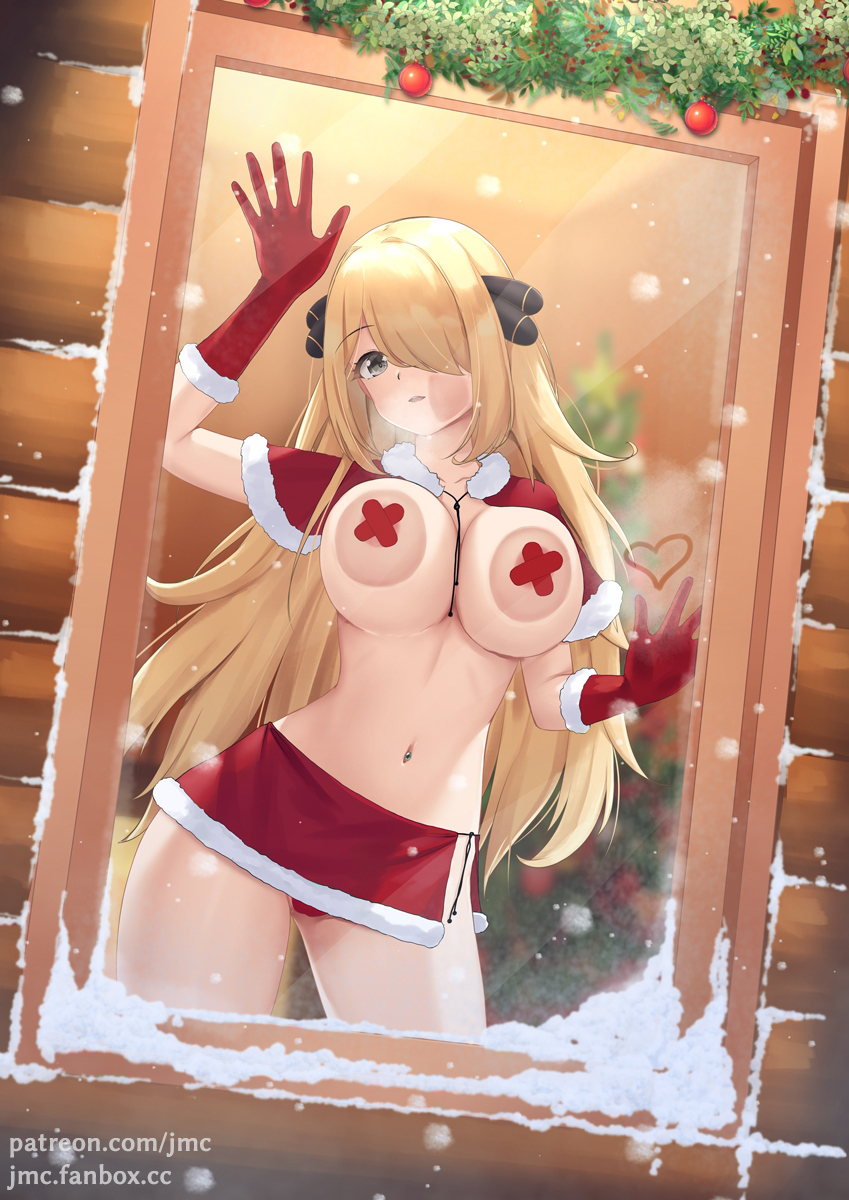 1girl against_glass against_window areola_slip blonde_hair breasts capelet christmas christmas_ornaments christmas_tree commentary cross_pasties cynthia_(pokemon) elbow_gloves fanbox_username fur-trimmed_capelet fur-trimmed_gloves fur-trimmed_skirt fur_trim glass_writing gloves grey_eyes groin hair_ornament hair_over_one_eye heart highres indoors joko_jmc large_breasts long_hair looking_at_viewer navel navel_piercing pasties patreon_username piercing pokemon pokemon_dppt red_capelet red_gloves red_skirt santa_costume skirt snow solo stomach variant_set very_long_hair window
