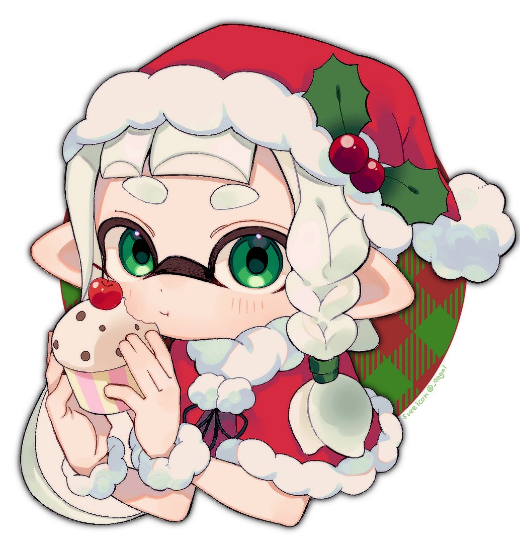1girl braid cherry christmas closed_mouth commentary_request cupcake eating food fruit green_eyes hat inkling inkling_girl long_hair pointy_ears sahata_saba santa_hat simple_background solo splatoon_(series) splatoon_3 tentacle_hair upper_body white_background white_hair