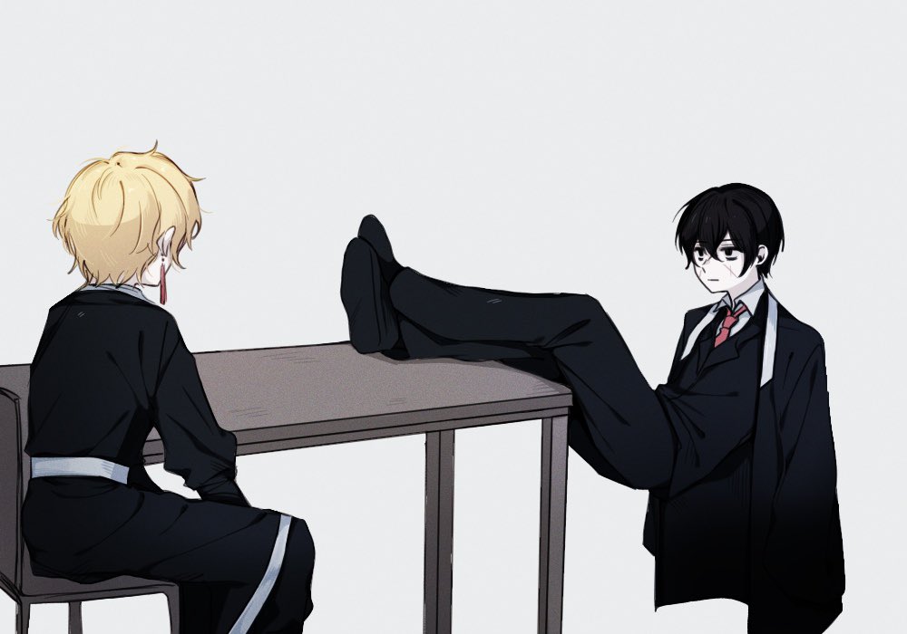 2boys black_eyes black_footwear black_hair black_jacket black_kimono blonde_hair chair closed_mouth collared_shirt crossed_legs feet_on_table jacket japanese_clothes kimono legs_up limbus_company long_sleeves multiple_boys necktie open_clothes open_kimono project_moon red_necktie shirt shoes sinclair_(project_moon) sitting table watera37 white_shirt yi_sang_(project_moon)