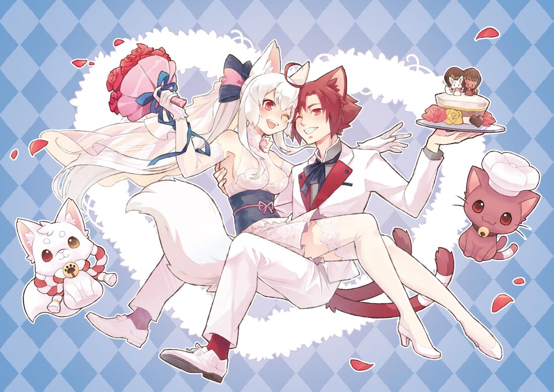 1boy 1girl animal_collar animal_ears bell bouquet breasts bridal_veil cake cat cat_boy cat_ears cat_tail chinese_commentary cleavage collar commentary_request dress flower food fox fox_ears fox_girl fox_tail grin heart hetero holding holding_bouquet holding_cake holding_food husband_and_wife jacket jingle_bell long_hair medium_breasts multiple_tails one_eye_closed open_mouth original pants petals ponytail red_eyes red_flower red_hair red_rose rose rose_petals sidelocks sitting sitting_on_lap sitting_on_person smile strapless strapless_dress tail thighhighs tuxedo veil white_footwear white_hair white_jacket white_pants white_thighhighs whotsou
