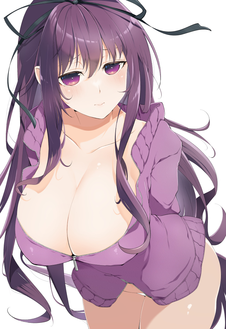 1girl alternate_costume arms_behind_back black_ribbon blush bottomless breasts cleavage closed_mouth collarbone covered_nipples embarrassed groin hair_between_eyes hair_ribbon huge_breasts jacket kinako_(mzknk0) long_hair looking_at_viewer murasaki_(senran_kagura) naked_jacket no_panties purple_eyes purple_hair purple_jacket revealing_clothes ribbon senran_kagura senran_kagura_shinovi_versus shiny_skin sidelocks simple_background solo standing thigh_gap very_long_hair white_background zipper zipper_pull_tab