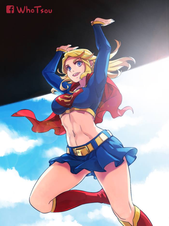 1girl artist_name belt blonde_hair blue_eyes boots breasts cape carrying chinese_commentary cloud commentary_request cropped_shirt dc_comics facebook_logo knee_boots lens_flare medium_breasts midriff miniskirt navel open_mouth red_cape skirt sleeves_past_wrists smile solo supergirl superman_(series) whotsou yellow_belt