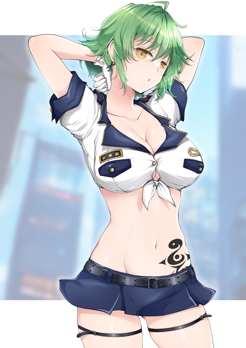 1girl ahoge arms_behind_head ass_visible_through_thighs belt billboard black_belt blue_sky breast_pocket breasts building buttons city city_lights cleavage cloud collarbone cowboy_shot crop_top earrings gloves green_hair groin highres hikage_(senran_kagura) hip_tattoo jewelry kinako_(mzknk0) large_breasts linea_alba looking_at_viewer microskirt midriff navel official_alternate_costume pleated_skirt pocket police police_uniform policewoman revealing_clothes senran_kagura senran_kagura_new_link senran_kagura_shoujo-tachi_no_shin'ei shiny_skin shirt short_hair short_sleeves skindentation skirt sky skyscraper slit_pupils snake_tattoo solo standing stretching studded_belt tattoo thigh_belt thigh_strap tied_shirt underboob uniform white_gloves white_shirt yellow_eyes