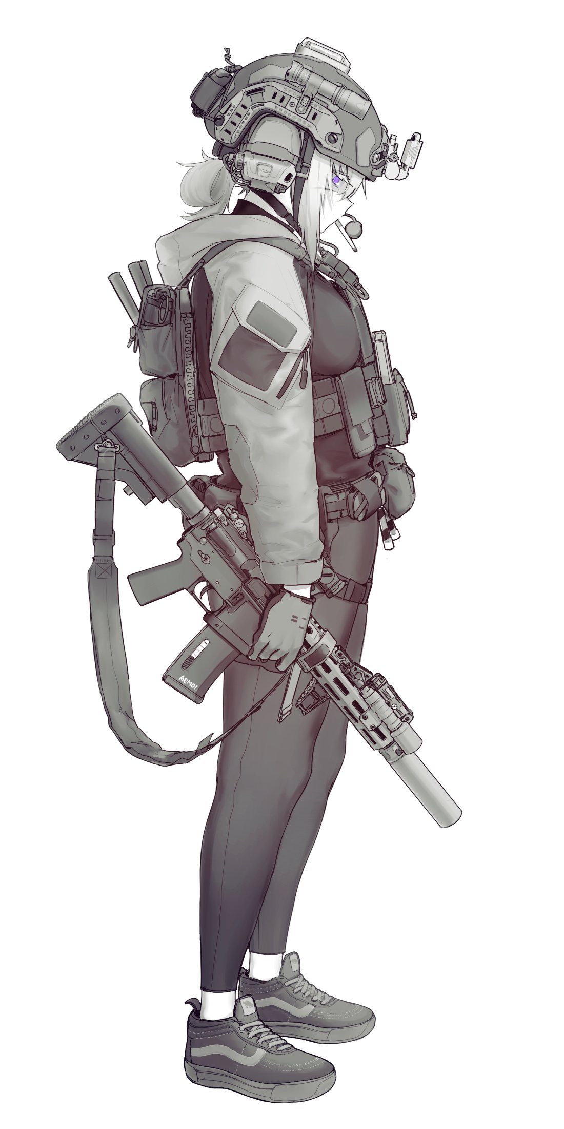 1girl alma01 ammunition_pouch ar-15 bag belt flashlight gloves greyscale gun gun_sling headset highres looking_down monochrome original pouch rifle shoes short_hair sneakers solo suppressor weapon white_background
