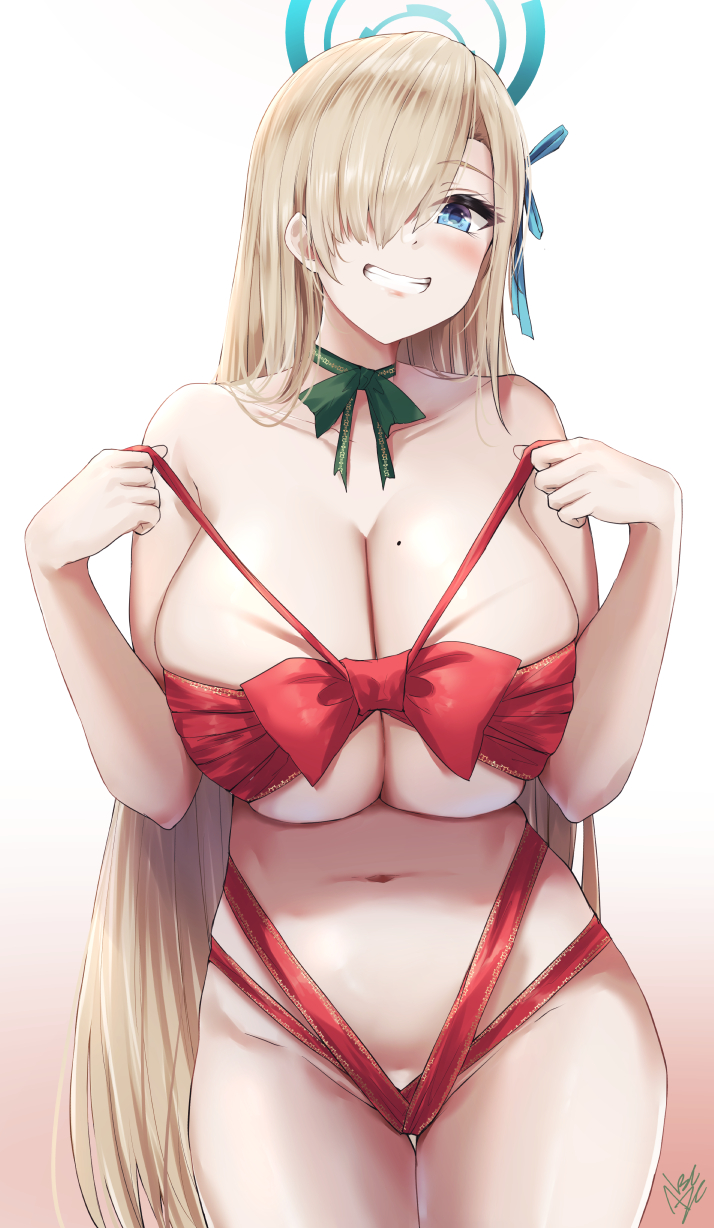 1girl asuna_(blue_archive) blonde_hair blue_archive blue_eyes breasts collarbone cowboy_shot gradient_background grin hair_over_one_eye highres huge_breasts ibara_azuki long_hair mole mole_on_breast naked_ribbon navel red_ribbon ribbon smile standing very_long_hair