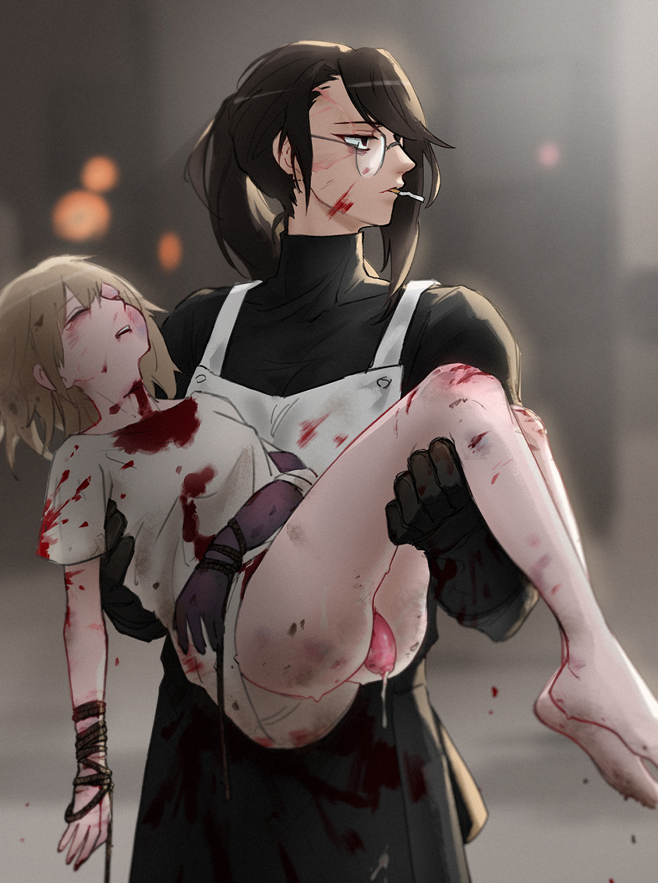 barefoot blood blood_on_clothes bottomless bruise bruise_on_face carrying closed_eyes highres injury looking_to_the_side nova_yuri original princess_carry prolapse smoking uterine_prolapse