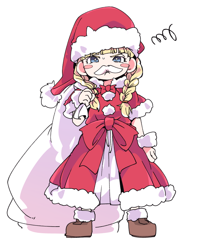 1girl angry bag blonde_hair blue_eyes bow bracelet braid bright_pupils christmas commentary_request dragon_quest dragon_quest_xi earrings fake_facial_hair fake_mustache full_body gloves hair_over_shoulder hat ixy jewelry long_hair looking_at_viewer santa_costume santa_hat simple_background solo twin_braids veronica_(dq11) waist_bow white_background white_pupils