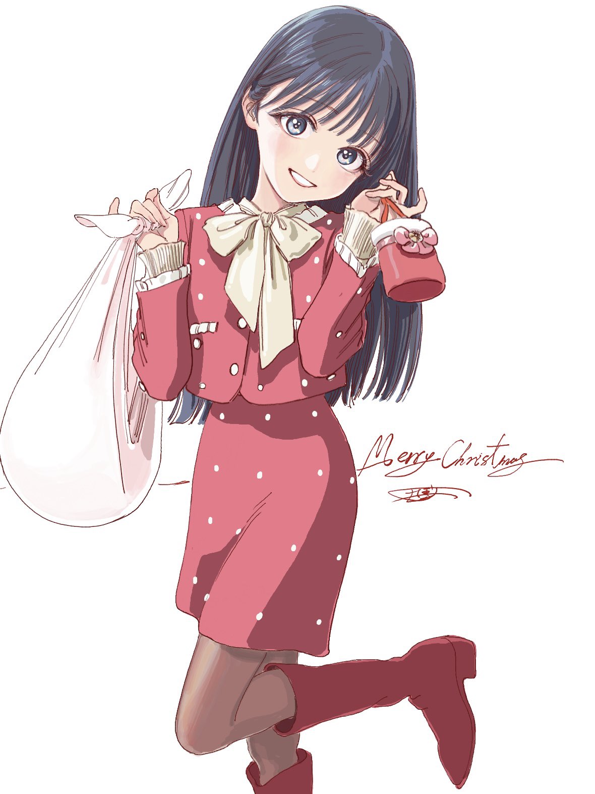 1girl akebi-chan_no_serafuku akebi_komichi bag black_hair black_pantyhose blue_eyes boots bow bowtie commentary_request highres hiro_(dismaless) long_hair long_sleeves looking_at_viewer merry_christmas open_mouth pantyhose red_footwear red_shirt red_skirt shirt signature simple_background skirt smile solo standing standing_on_one_leg white_background white_bow white_bowtie