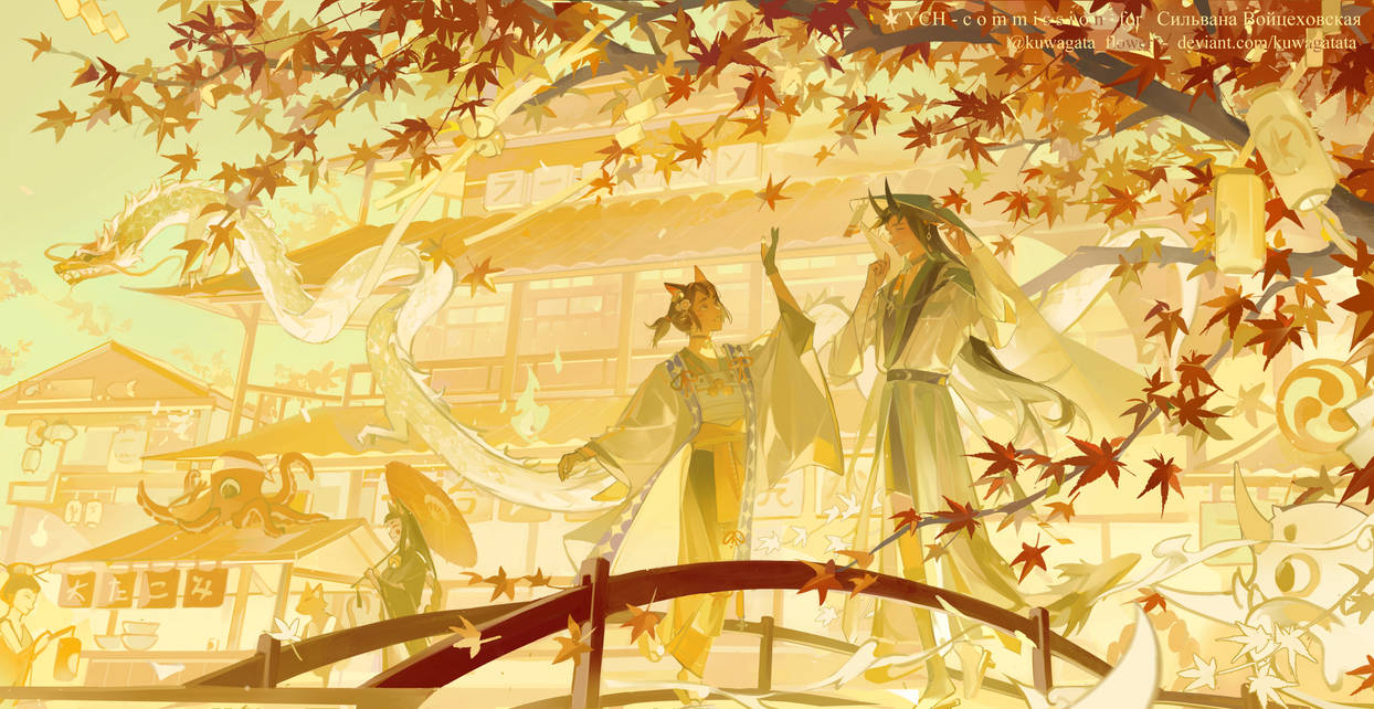 2boys animal_ears architecture autumn autumn_leaves black_choker black_hair black_horns blue_headwear blue_sky bridge brown_eyes brown_hair cat_ears chinese_clothes choker commentary commission commissioner_name day deviantart_username dragon east_asian_architecture eastern_dragon english_commentary english_text falling_leaves flower grin hair_flower hair_ornament hat horns jewelry kuwagatata leaf long_hair long_sleeves looking_at_another male_focus multiple_boys necklace original outdoors outstretched_hand people red_ribbon ribbon robe short_hair short_ponytail sky sleeves_past_elbows smile straw_hat talking twitter_username white_flower white_robe white_sleeves white_veil wide_sleeves