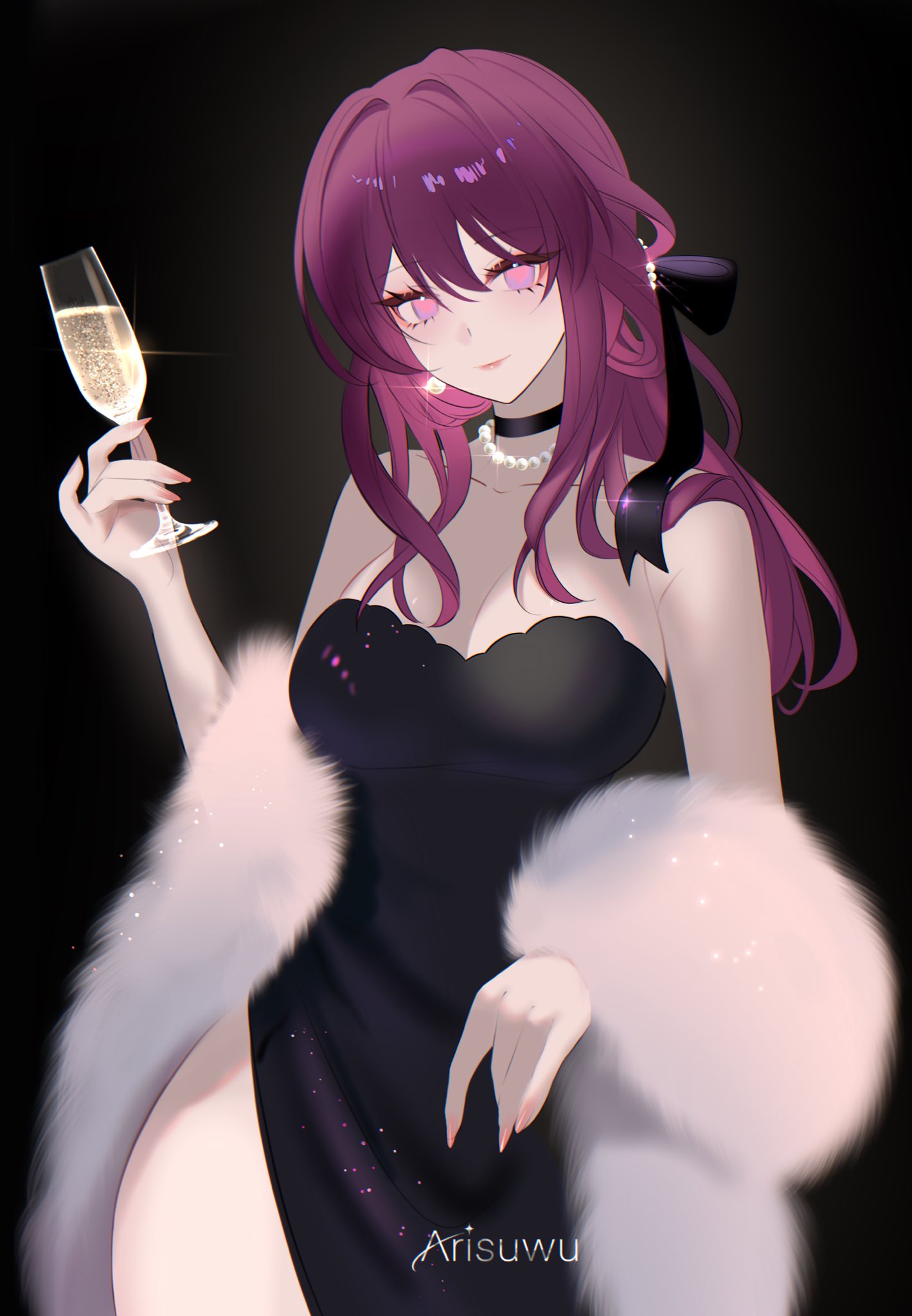 1girl 707arisu bare_shoulders bead_necklace beads black_background black_choker black_dress choker commentary_request cowboy_shot cup dress drinking_glass feather_boa hand_up highres holding holding_cup honkai:_star_rail honkai_(series) jewelry kafka_(honkai:_star_rail) long_hair looking_at_viewer necklace pink_lips purple_eyes purple_hair simple_background smile solo standing strapless strapless_dress wine_glass