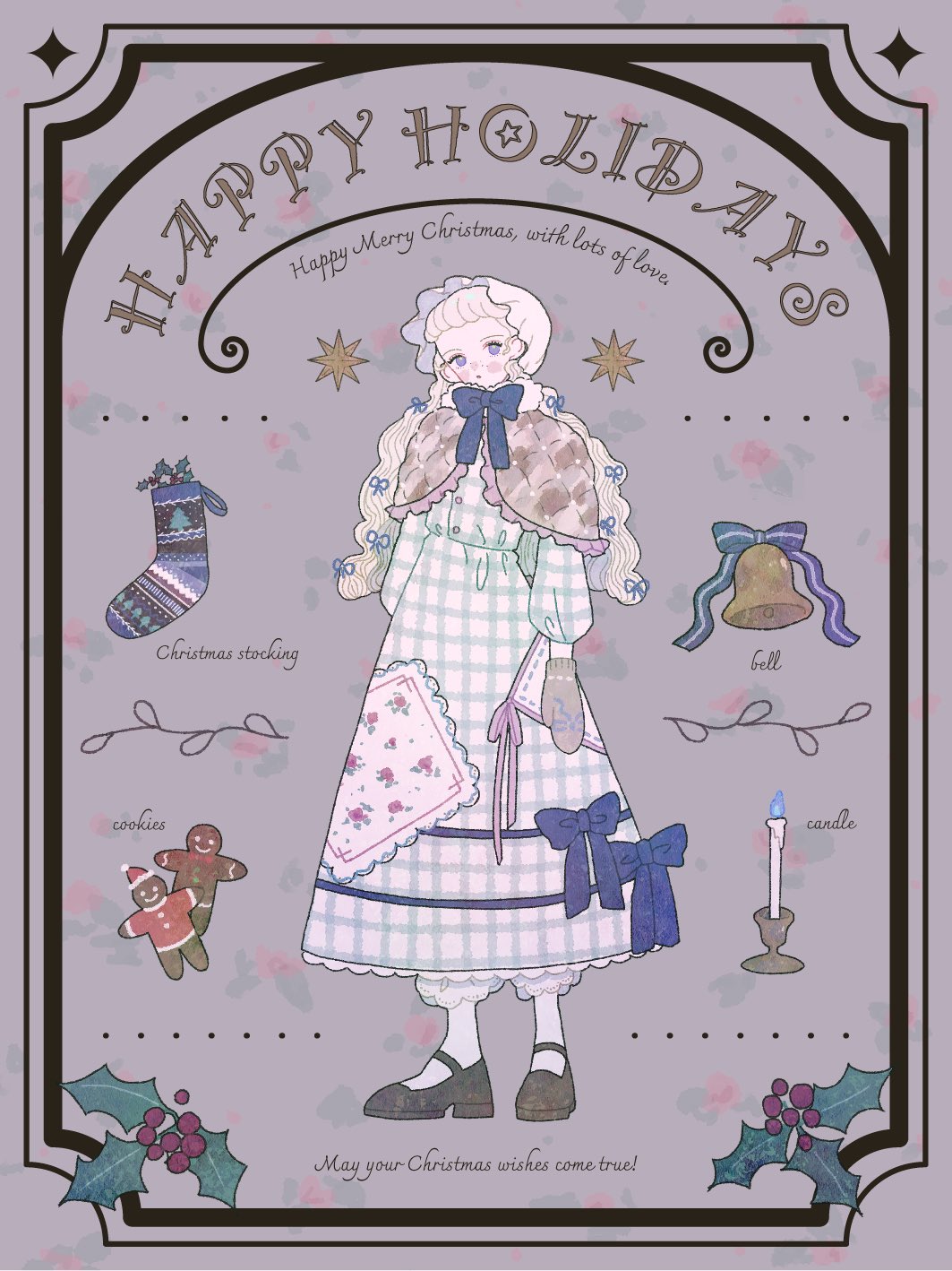 1girl bell blonde_hair blue_dress blue_ribbon brown_capelet candle capelet christmas christmas_stocking closed_mouth dress english_text full_body gingerbread_man grey_background highres holly long_sleeves looking_at_viewer merry_christmas mittens original patchwork_clothes plaid plaid_dress purple_eyes ribbon shoes solo standing tomoe_yumo