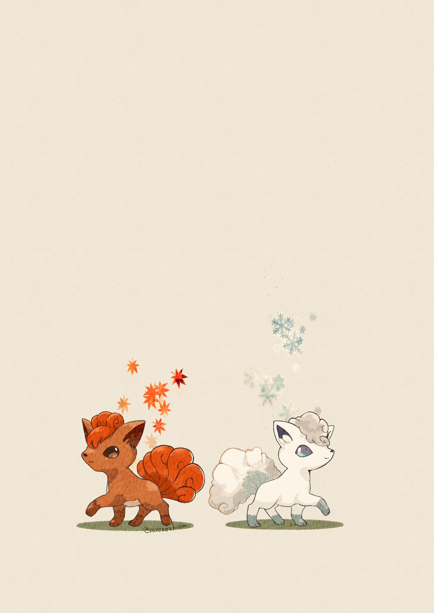 alolan_vulpix animal_focus artist_name autumn_leaves black_eyes blue_eyes commentary highres multiple_tails no_humans orange_fur pokemon pokemon_(creature) simple_background snout snowflakes symbol-only_commentary tail twitter_username vulpix walking white_background white_fur zozozoshion