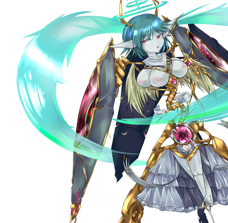 1girl angel angel_wings aqua_halo biblically_accurate_angel blue_hair colored_skin commentary_request core extra_breasts feathered_wings feet_out_of_frame gem gnosis_(mon-musu_quest!) gold_horns gold_trim grey_skin grey_skirt jitome light_blush looking_at_viewer mon-musu_quest! mon-musu_quest:_paradox multiple_halos pale_skin pippi_(ku_ro_do_zorizo_to) purple_gemstone pussy red_eyes shield_module short_hair simple_background skirt solo spine triangle_mouth uncensored white_background wind wings