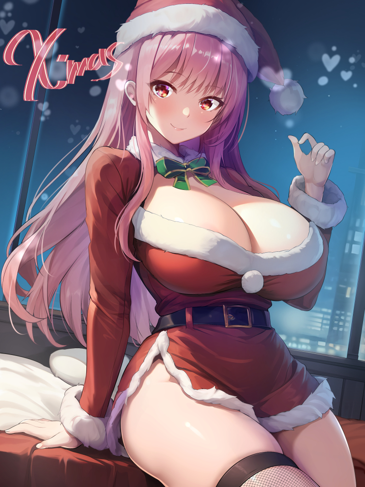 1girl arm_support bow bowtie breasts christmas cleavage closed_mouth cowboy_shot dress fur_trim hat indoors large_breasts long_hair long_sleeves looking_at_viewer maki_(seventh_heaven_maxion) on_bed original pink_hair red_dress red_eyes santa_costume santa_dress santa_hat short_dress shrug_(clothing) side_slit sidelocks single_thighhigh sitting smile solo thighhighs