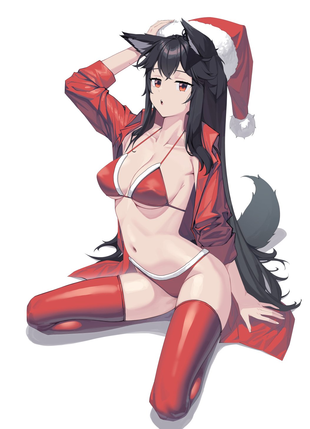 1girl :o alternate_costume animal_ear_fluff animal_ear_piercing animal_ears arched_back arknights arm_support arm_up armpit_crease bikini black_hair black_tail blue_eyes breasts breasts_apart christmas collarbone collared_shirt come_hither commentary covered_nipples crossed_bangs dress_shirt fingernails from_side full_body fur-trimmed_bikini fur-trimmed_headwear fur_trim groin hair_flowing_over hand_on_headwear hat head_back high_collar highres hoop_piercing invisible_floor long_fingernails long_hair long_sleeves looking_at_viewer looking_to_the_side medium_breasts multicolored_eyes navel open_clothes open_mouth open_shirt orange_eyes piercing pom_pom_(clothes) red_bikini red_headwear red_shirt red_thighhighs ribs santa_bikini santa_hat shadow shiny_clothes shiny_legwear shiny_skin shirt sideboob sidelocks siguya simple_background sitting skindentation skinny solo stomach straight_hair swept_bangs swimsuit symbol-only_commentary tail teeth texas_(arknights) thighhighs thighs tongue two-tone_eyes underboob upper_teeth_only very_long_hair wariza white_background wing_collar wolf_ears wolf_girl wolf_tail