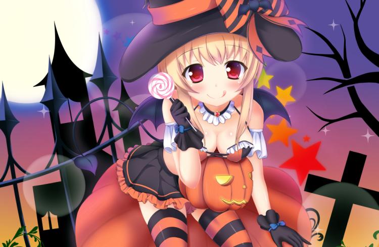 :p battle_girl_high_school blonde_hair breasts candy cleavage demon_tail food full_moon halloween hat lollipop looking_at_viewer medium_breasts moon red_eyes solo tail tongue tongue_out watagi_michelle witch witch_hat yuririn_poi