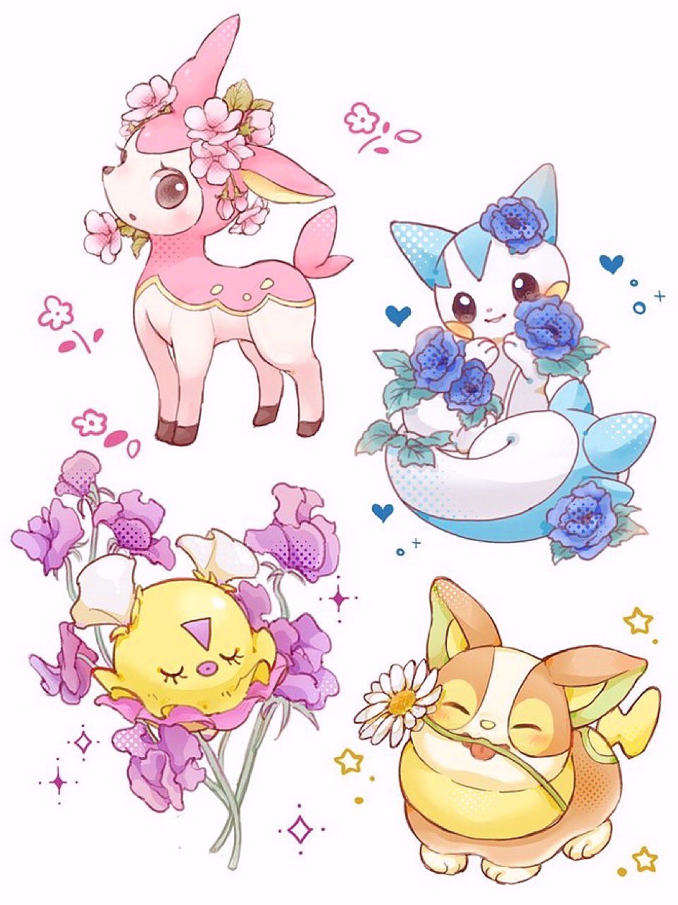 animal_focus black_eyes blue_flower closed_eyes daffodil deer deerling deerling_(spring) dog eyelashes flittle flower heart highres hyoudo_(d2_isu) no_humans pachirisu parted_lips pink_flower pokemon pokemon_(creature) purple_flower simple_background sparkle tail tongue tongue_out white_background yamper