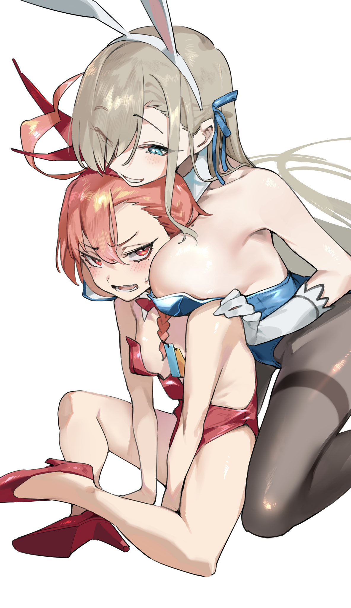2girls ahoge animal_ears annoyed asuna_(blue_archive) asuna_(bunny)_(blue_archive) asymmetrical_bangs bare_legs bare_shoulders between_breasts blue_archive blue_eyes blue_leotard blush bow bowtie braid breast_envy breasts collarbone detached_collar fake_animal_ears from_above gloves grin hair_behind_ear hair_over_one_eye hair_over_shoulder hair_ribbon head_between_breasts high_heels highleg highleg_leotard highres jitome large_breasts leaning_forward leotard light_blush light_brown_hair long_hair looking_at_another mole mole_on_breast mole_under_eye multiple_girls neru_(blue_archive) neru_(bunny)_(blue_archive) nonco official_alternate_costume open_mouth orange_hair pantyhose playboy_bunny rabbit_ears red_bow red_bowtie red_eyes red_leotard ribbon sideboob simple_background sitting small_breasts smile thighband_pantyhose traditional_bowtie very_long_hair white_background white_gloves
