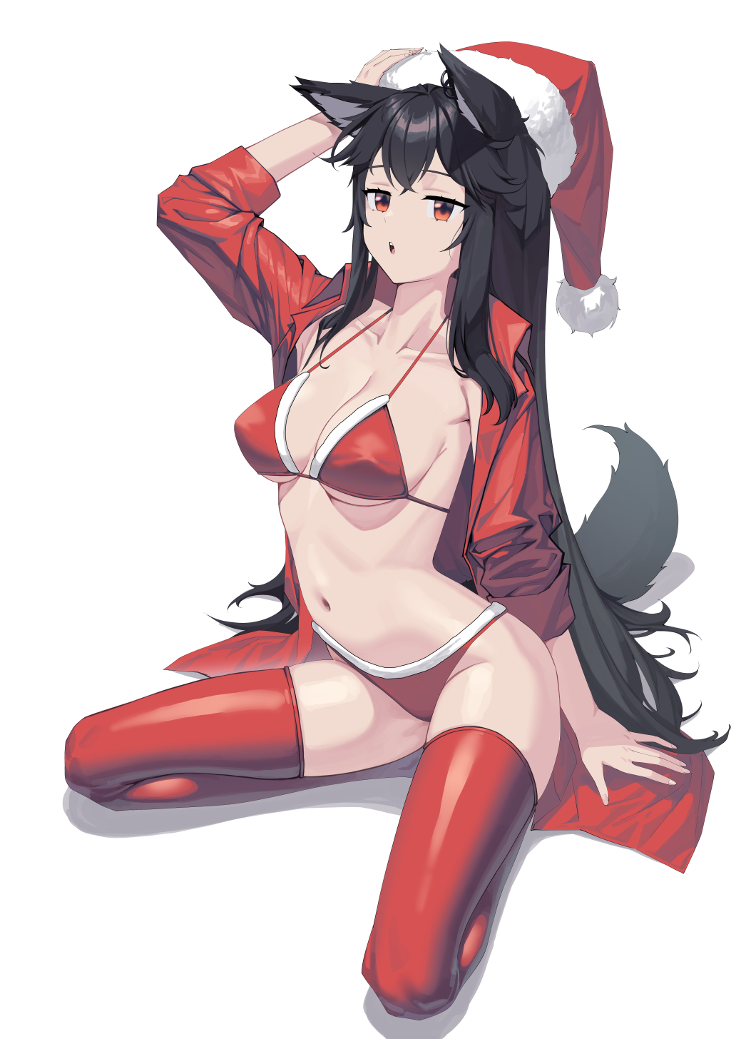 1girl :o alternate_costume animal_ear_fluff animal_ear_piercing animal_ears arched_back arknights arm_support arm_up armpit_crease bikini black_hair black_tail blue_eyes breasts breasts_apart christmas collarbone collared_shirt come_hither commentary covered_nipples crossed_bangs dress_shirt english_commentary fingernails from_side full_body fur-trimmed_bikini fur-trimmed_headwear fur_trim groin hair_flowing_over hand_on_headwear hat head_back high_collar highres hoop_piercing invisible_floor long_fingernails long_hair long_sleeves looking_at_viewer looking_to_the_side medium_breasts multicolored_eyes navel open_clothes open_mouth open_shirt orange_eyes piercing pom_pom_(clothes) red_bikini red_headwear red_shirt red_thighhighs ribs santa_bikini santa_hat shadow shiny_clothes shiny_legwear shiny_skin shirt sideboob sidelocks siguya simple_background sitting skindentation skinny solo stomach straight_hair swept_bangs swimsuit tail teeth texas_(arknights) thighhighs thighs tongue two-tone_eyes underboob upper_teeth_only very_long_hair wariza white_background wing_collar wolf_ears wolf_girl wolf_tail