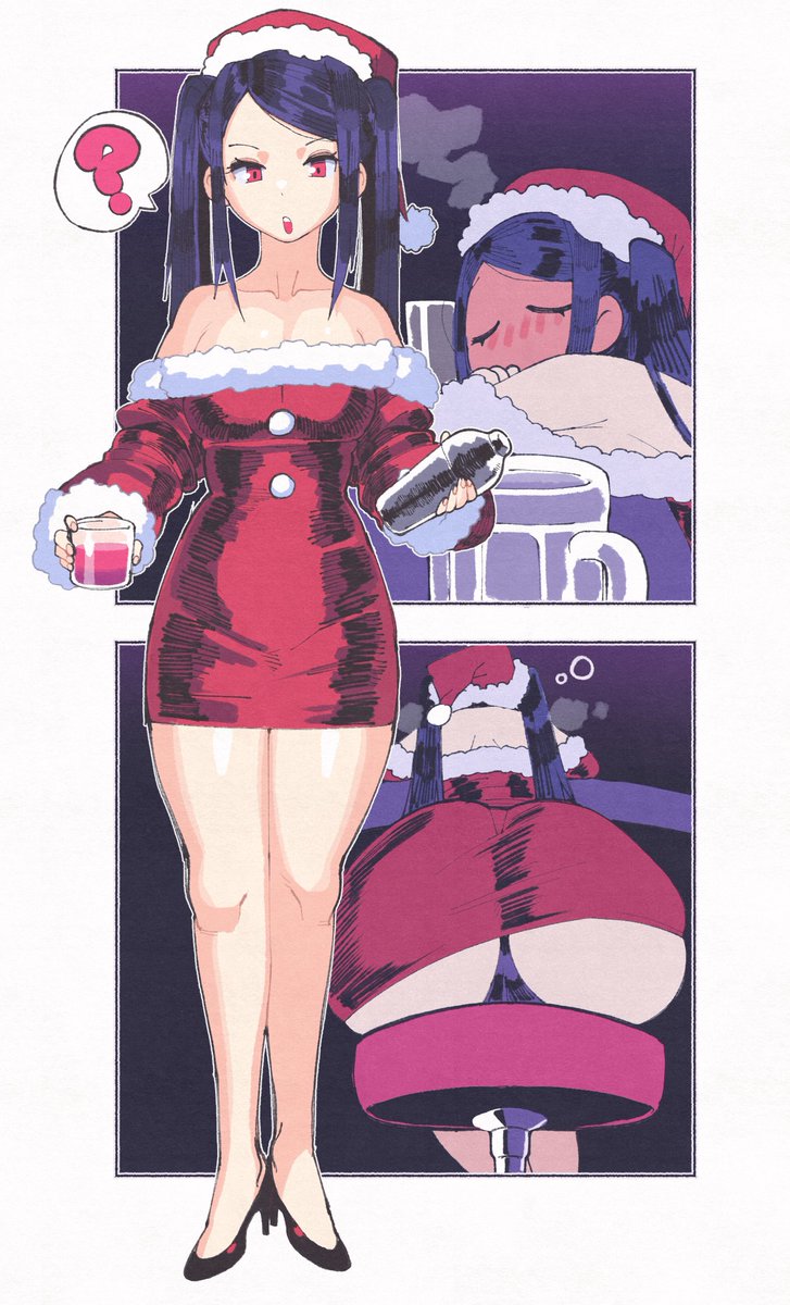 1girl ? ass bar_(place) bare_shoulders bartender beer_mug breasts christmas cocktail cocktail_glass cocktail_shaker commentary cup dress drinking_glass drunk high_heels highres holding holding_shaker inkerton-kun jill_stingray long_hair looking_at_viewer medium_breasts mug open_mouth purple_hair red_eyes santa_dress smoking stiletto_heels stool twintails va-11_hall-a