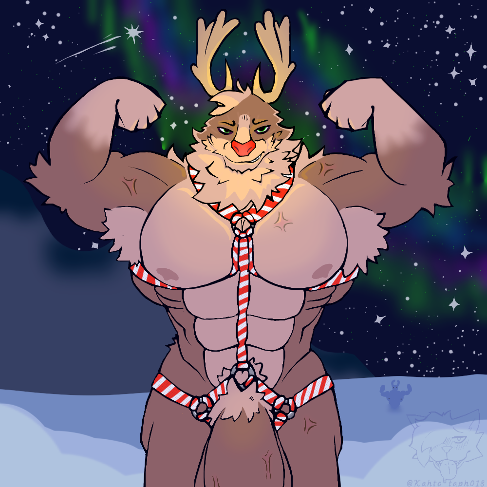 abs anthro antlers armpit_hair armpit_tuft artist_logo aurora_(phenomenon) balls bdsm big_balls big_penis body_hair christmas deer flexing flexing_biceps fur genitals glowing glowing_nose green_eyes hair harness holidays horn huge_penis humanoid hyper hyper_genitalia hyper_penis kahto_taph42 light lighting logo looking_at_viewer male mammal merry_christmas muscular muscular_male new_world_deer nipples nude pecs penis pubes red_nose reindeer rudolph_the_red-nosed_reindeer shaded signature smile smiling_at_viewer smirk solo tufted_fur