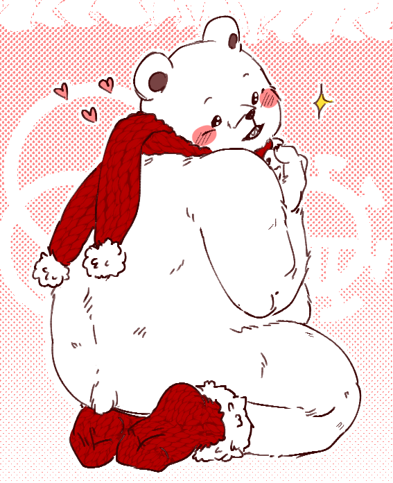 &lt;3 2023 anthro bear belly bepo_(one_piece) biped black_nose blush butt fur mammal minkmen_(one_piece) nekokat42 one_piece overweight polar_bear scarf solo ursine white_body white_fur