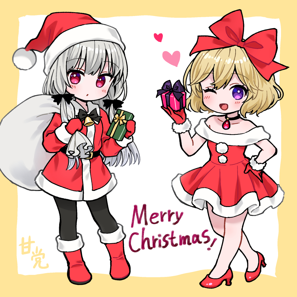 2girls ;d ama-tou bare_shoulders black_pantyhose black_ribbon blonde_hair boots box brown_background christmas commentary_request dress elly_(tonari_no_kyuuketsuki-san) fur-trimmed_gloves fur_trim gift gift_box gloves grey_hair hair_between_eyes hair_over_shoulder hair_ribbon hand_on_own_hip hand_up hat heart high_heels holding holding_gift holding_sack long_hair multiple_girls off-shoulder_dress off_shoulder one_eye_closed pantyhose purple_eyes red_dress red_footwear red_gloves red_headwear ribbon sack santa_costume santa_hat shoes smile sophie_twilight tonari_no_kyuuketsuki-san two-tone_background very_long_hair white_background