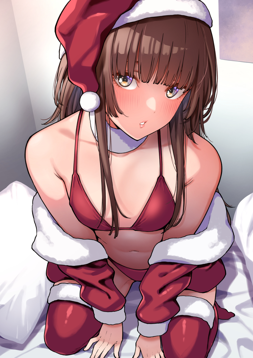 1girl amagami bed_sheet bikini blunt_bangs blush breasts brown_eyes brown_hair capelet collar commentary_request fur-trimmed_capelet fur-trimmed_headwear fur-trimmed_thighhighs fur_collar fur_trim hat highres kamizaki_risa kneeling long_hair long_sleeves looking_at_viewer multicolored_eyes navel parted_lips pillow red_bikini red_capelet red_headwear red_thighhighs santa_hat shouji_nigou small_breasts solo swimsuit thighhighs white_collar