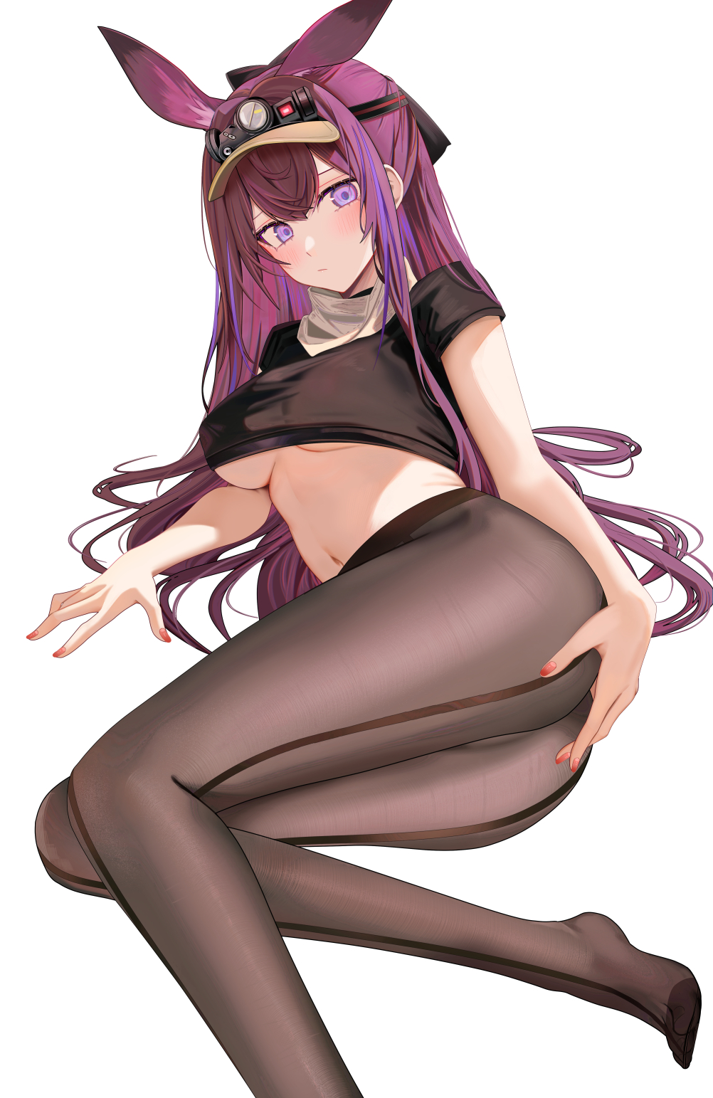 1girl animal_ears arknights black_pantyhose breasts cleavage closed_mouth commentary_request headlamp highres large_breasts long_hair looking_at_viewer lying navel no_shoes on_side pantyhose pink_nails purple_eyes purple_hair rabbit_ears rabbit_girl ray_(arknights) ru_zhai shirt short_sleeves simple_background solo underboob visor_cap white_background