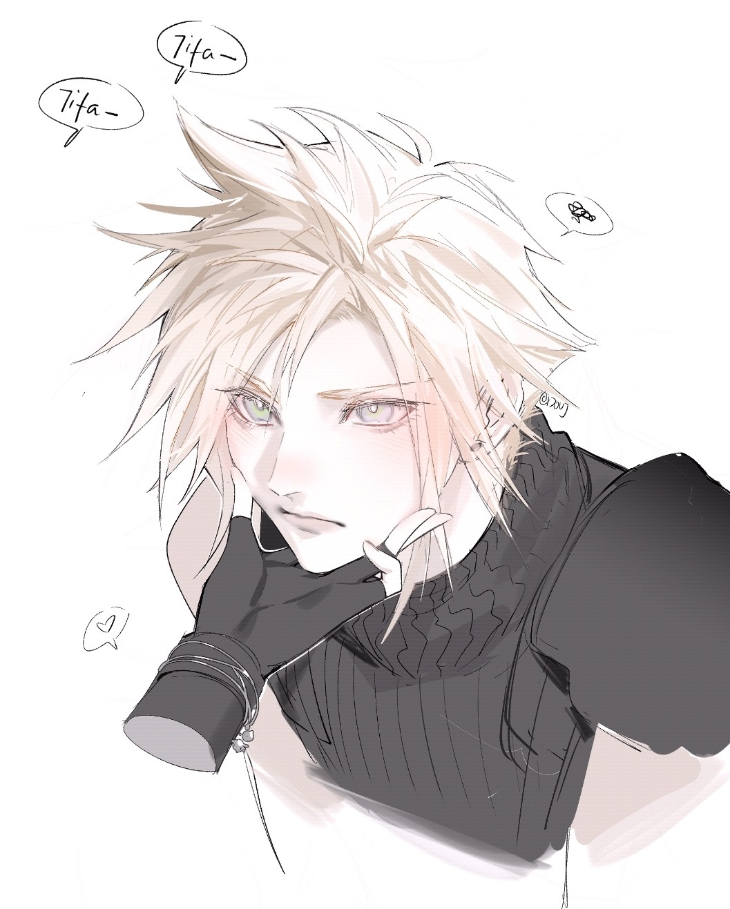 1boy 1girl armor black_gloves black_sweater blonde_hair blue_eyes bracelet closed_mouth cloud_strife commentary duoj_ji english_commentary final_fantasy final_fantasy_vii final_fantasy_vii_rebirth final_fantasy_vii_remake fingerless_gloves gloves hand_on_another's_face heart highres jewelry light_blush looking_at_another out_of_frame short_hair shoulder_armor single_bare_shoulder sleeveless sleeveless_turtleneck speech_bubble spiked_hair spoken_heart spoken_squiggle squiggle sweater tifa_lockhart turtleneck turtleneck_sweater twitter_username upper_body white_background