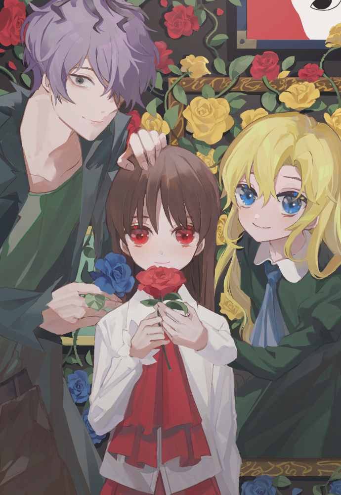 1boy 2girls blonde_hair blue_eyes blue_flower blue_rose cjsdh1000 coat dress flower garry_(ib) green_dress hair_between_eyes hair_over_one_eye holding holding_flower ib ib_(ib) instant_loss long_hair long_sleeves looking_at_viewer mary_(ib) multiple_girls purple_flower purple_hair red_eyes red_flower red_rose rose shirt white_shirt yellow_flower yellow_rose