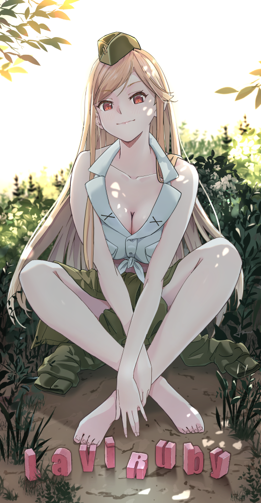 1girl ammo21204760 barefoot blonde_hair breasts cleavage clothes_around_waist full_body garrison_cap girls'_frontline grass green_headwear green_jacket hat indian_style jacket jacket_around_waist large_breasts long_hair looking_at_viewer m2hb_(girls'_frontline) red_eyes shirt sitting sleeveless sleeveless_shirt smile solo straight-on tied_shirt vegetation white_shirt