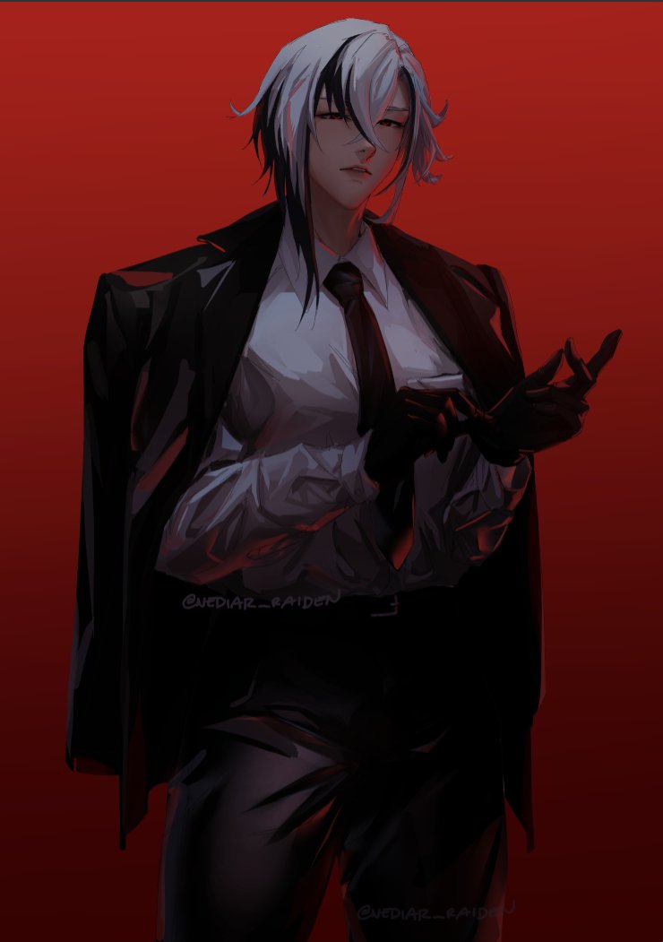 1girl adjusting_clothes adjusting_gloves alternate_costume androgynous arlecchino_(genshin_impact) artist_name asymmetrical_hair black_eyes black_gloves black_hair black_jacket black_pants black_suit collared_shirt cowboy_shot genshin_impact gloves gradient_background hair_between_eyes jacket jacket_on_shoulders long_sleeves looking_at_viewer multicolored_hair necktie nediar_raiden pants parted_lips red_background red_necktie red_pupils shirt short_hair simple_background solo standing suit symbol-shaped_pupils twitter_username two-tone_hair white_hair white_shirt wing_collar x-shaped_pupils