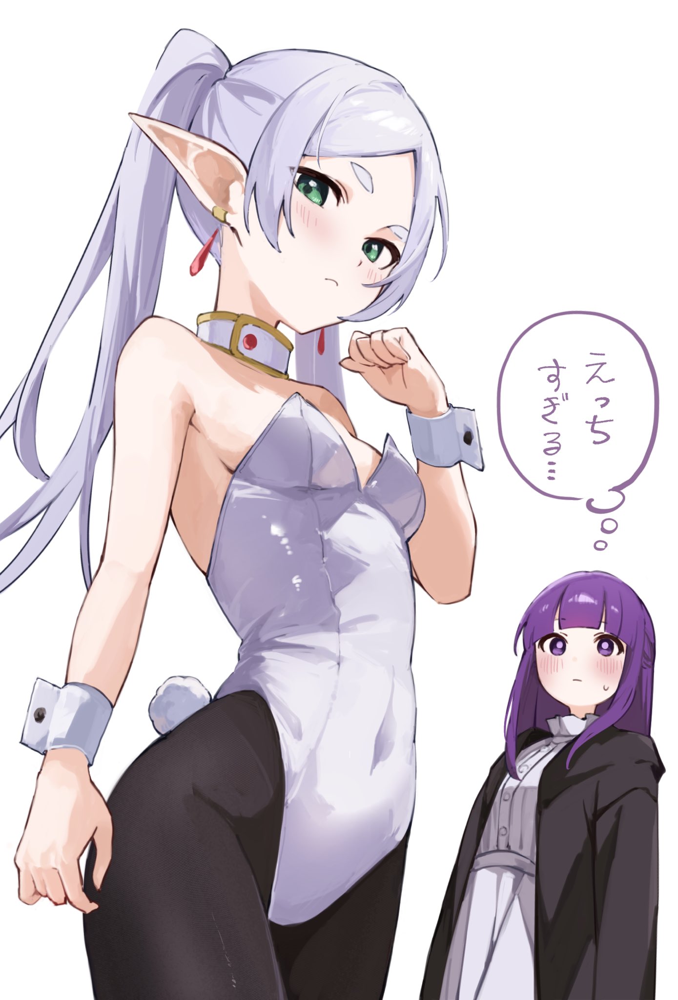 2girls alternate_costume arm_at_side bare_shoulders black_coat black_pantyhose blunt_bangs blush breasts clenched_hand closed_mouth coat commentary covered_navel dress earrings elf fake_tail fern_(sousou_no_frieren) frieren frown green_eyes grey_hair hand_up highleg highleg_leotard highres jewelry leotard long_hair long_sleeves looking_at_viewer multiple_girls open_hand pantyhose parted_bangs playboy_bunny pointy_ears purple_eyes purple_hair purple_pupils rabbit_tail rakugaki_ningen sidelocks simple_background small_breasts solo_focus sousou_no_frieren straight_hair strapless strapless_leotard sweatdrop tail thick_eyebrows thought_bubble translation_request twintails white_background white_dress white_leotard white_wrist_cuffs wrist_cuffs