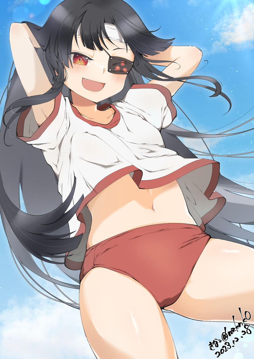 1girl armpits arms_behind_head black_hair blue_sky blunt_bangs blush buruma cameltoe cloud collarbone day eyepatch fang flat_chest gym_shirt gym_uniform headband kinako_(mzknk0) lens_flare light_particles light_rays linea_alba long_hair looking_at_viewer midriff mirai_(senran_kagura) navel open_mouth outdoors red_buruma red_eyes senran_kagura senran_kagura_shoujo-tachi_no_shin'ei shirt sky smile solo stomach sunbeam sunlight tomoe_(symbol) tongue white_headband