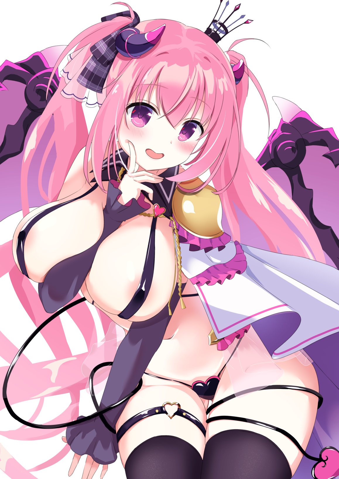 1girl anneliese areola_slip arm_between_breasts belt_bra between_breasts black_panties black_thighhighs blush breasts cape commentary_request cowboy_shot crown curled_horns curvy demon_girl demon_horns demon_tail demon_wings detached_sleeves finger_to_cheek hair_between_eyes hair_ribbon heart heart_o-ring heart_panties heart_print highres horns huge_breasts index_finger_raised kimagure_temptation long_hair long_sleeves looking_at_viewer mini_crown o-ring o-ring_thigh_strap open_mouth panties pink_hair plaid plaid_ribbon pnsk4125 print_panties purple_eyes ribbon simple_background smile solo tail tail_around_arm tail_around_own_leg thigh_gap thigh_strap thighhighs thighs twintails underwear very_long_hair white_background white_cape wing_collar wings