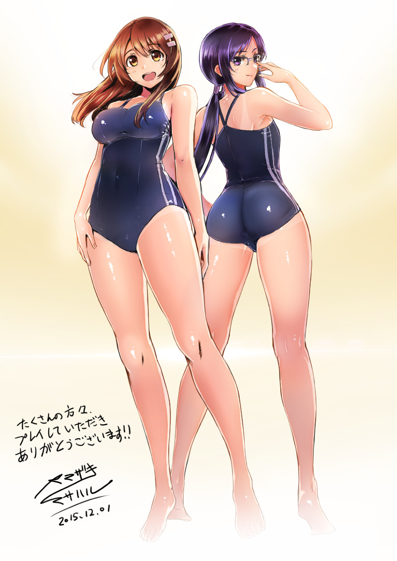 2015 2girls :d adjusting_eyewear armpit_crease artist_request ass back-to-back bare_arms bare_legs barefoot blue_one-piece_swimsuit breasts brown_eyes brown_hair closed_mouth covered_navel dated double_vertical_stripe flat_chest full_body glasses hair_ornament hairclip hand_up large_breasts long_hair looking_at_viewer looking_back low_twintails multiple_girls muroto_aki niimi_haruka_(photokano) official_art one-piece_swimsuit open_mouth photokano purple_eyes purple_hair school_swimsuit signature simple_background smile standing swimsuit tan tanlines twintails yellow_background