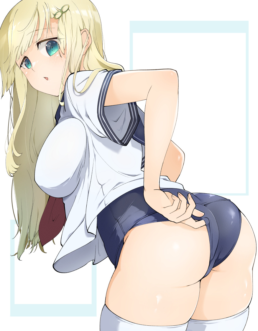 1girl adjusting_clothes adjusting_swimsuit aqua_eyes ass back bare_shoulders blonde_hair blue_background blue_one-piece_swimsuit blue_sailor_collar blunt_bangs blush breasts from_behind hair_ornament hairclip kinako_(mzknk0) large_breasts long_hair looking_back neckerchief no_pants one-piece_swimsuit open_mouth sailor_collar school_swimsuit school_uniform senran_kagura senran_kagura_shoujo-tachi_no_shin'ei serafuku shiny_skin skindentation solo swimsuit swimsuit_under_clothes thighhighs two-tone_background white_background white_serafuku white_thighhighs yomi_(senran_kagura)