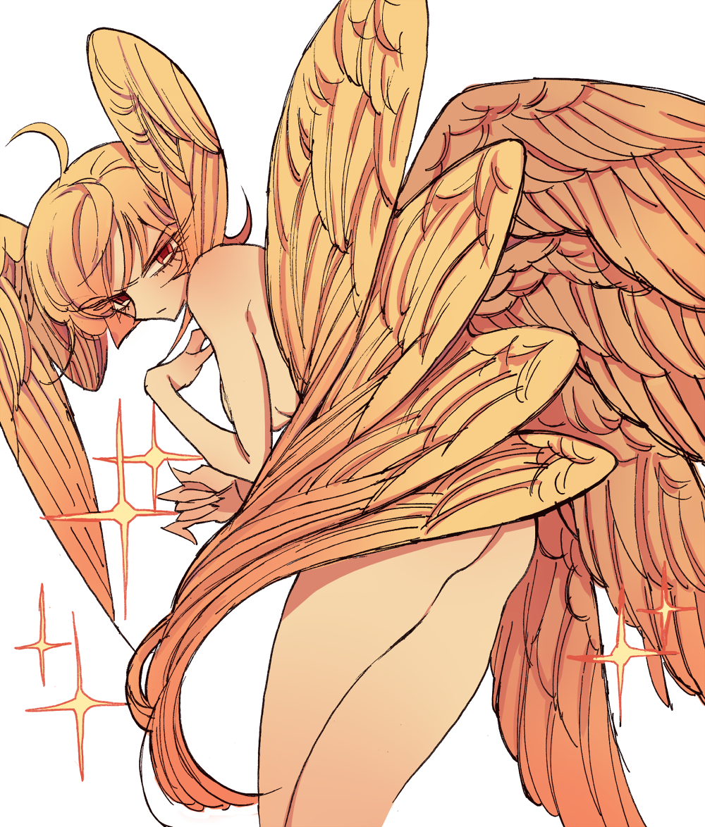 1girl ahoge androgynous angel_wings ass asuka_ryou blonde_hair breasts closed_mouth devilman devilman_crybaby feathered_wings feet_out_of_frame from_behind head_wings looking_at_viewer looking_back medium_breasts meremero multiple_wings nude red_eyes satan_(devilman) short_hair simple_background solo standing white_background wings yellow_wings