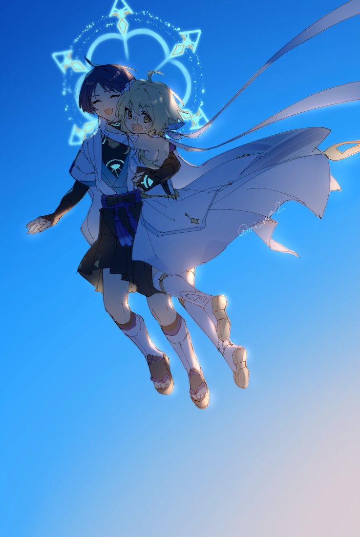 1boy 1girl akasaki_aimu blonde_hair blue_hair closed_eyes couple dress flying full_body genshin_impact hand_around_neck hetero japanese_clothes lumine_(genshin_impact) open_mouth scaramouche_(genshin_impact) short_hair shorts simple_background smile wanderer_(genshin_impact) white_dress