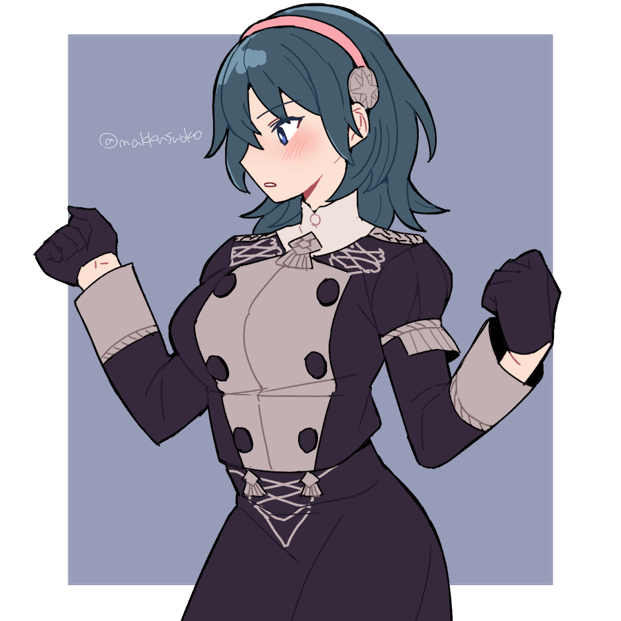 1girl black_gloves black_skirt blue_background blue_eyes blue_hair border breasts byleth_(female)_(fire_emblem) byleth_(fire_emblem) do_m_kaeru fire_emblem fire_emblem:_three_houses gloves hairband looking_to_the_side medium_hair outside_border parted_lips pink_hairband skirt solo turtleneck white_border