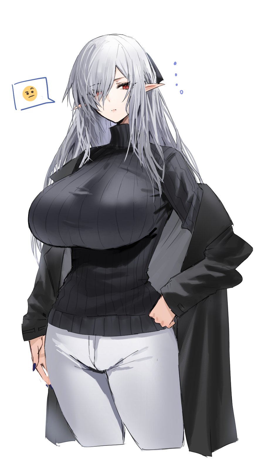 1girl alternate_breast_size alternate_costume arknights black_coat black_sweater breasts coat commentary cropped_legs emoji gladiia_(arknights) grey_hair hair_over_one_eye highres horn/wood large_breasts long_hair looking_at_viewer open_clothes open_coat pants pointy_ears red_eyes simple_background speech_bubble spoken_emoji sweater turtleneck turtleneck_sweater white_background white_pants