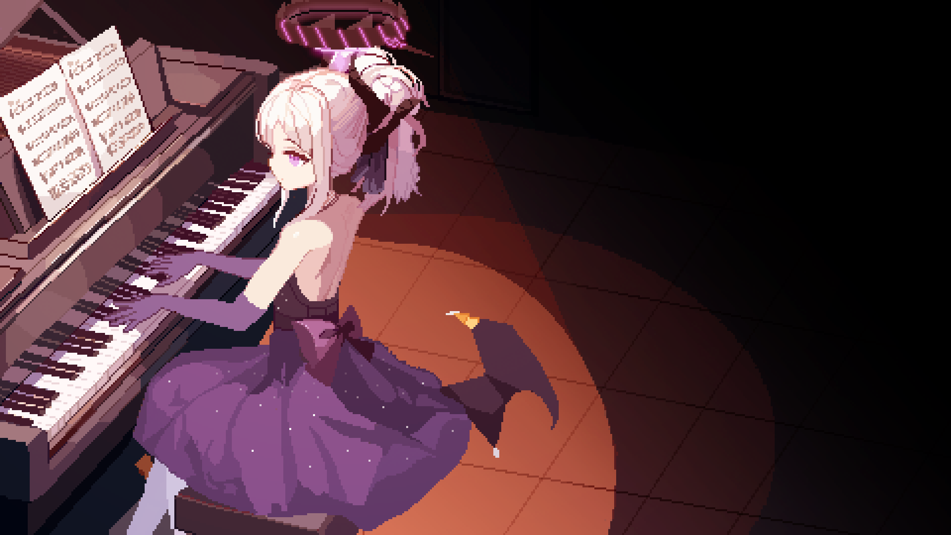 1girl back bare_shoulders blue_archive commentary demon_girl demon_horns demon_wings dress elbow_gloves gloves grand_piano halo highres hina_(blue_archive) hina_(dress)_(blue_archive) horns instrument music official_alternate_costume piano pixel_art playing_instrument purple_dress purple_eyes purple_gloves purple_halo sheet_music sitting solo tinia_etru updo white_hair wings