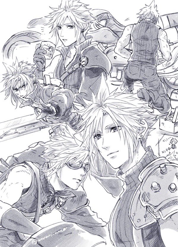 armor closed_mouth cloud_strife cup dirty dirty_face earrings fenrir_(final_fantasy) fighting_stance final_fantasy final_fantasy_vii final_fantasy_vii_advent_children final_fantasy_vii_remake fusion_swords gloves goggles greyscale holding holding_cup holding_sword holding_weapon jewelry light_smile male_focus monochrome motor_vehicle motorcycle multiple_views on_one_knee outstretched_hand parted_lips popped_collar shirt short_hair shoulder_armor single_bare_shoulder single_earring single_shoulder_pad single_sleeve sleeveless sleeveless_shirt sleeveless_turtleneck spiked_hair suspenders sword turtleneck upper_body warori_anne weapon