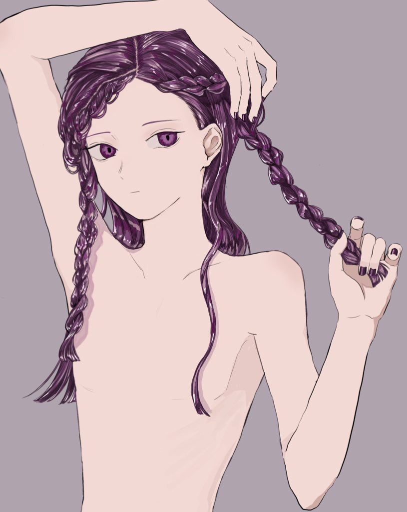 1other amethyst_(houseki_no_kuni) androgynous arm_above_head braid closed_mouth collarbone completely_nude french_braid grey_hair hairdressing hand_on_own_head hands_up holding holding_hair houseki_no_kuni jade_suitai long_hair looking_at_viewer multiple_braids nude other_focus purple_eyes purple_nails simple_background solo upper_body