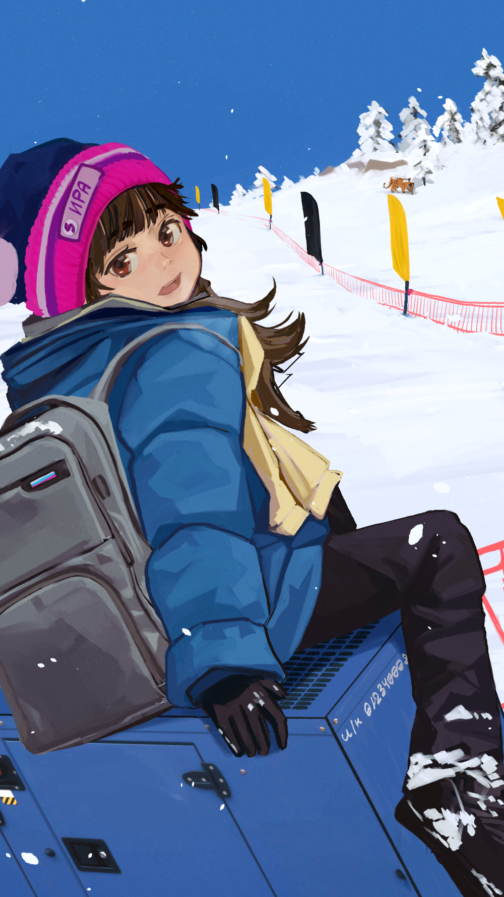 1girl backpack bag black_bag black_gloves black_pants blue_jacket blue_sky brown_eyes casual clear_sky day down_jacket gloves highres ira_(servachok) jacket looking_at_viewer pants russia russian_text scenery servachok sky snow tagme tree