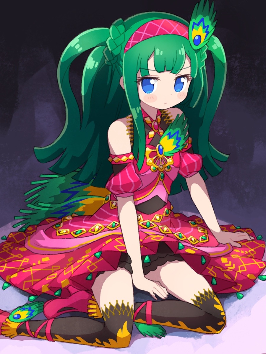 1girl bare_shoulders between_legs black_thighhighs blue_eyes blunt_bangs blunt_ends closed_mouth dress full_body green_hair hairband hand_between_legs highres idol_clothes ikzw long_hair looking_at_viewer peacock_feathers pretty_series pripara red_dress red_hairband sitting solo thighhighs tsukikawa_chili two_side_up