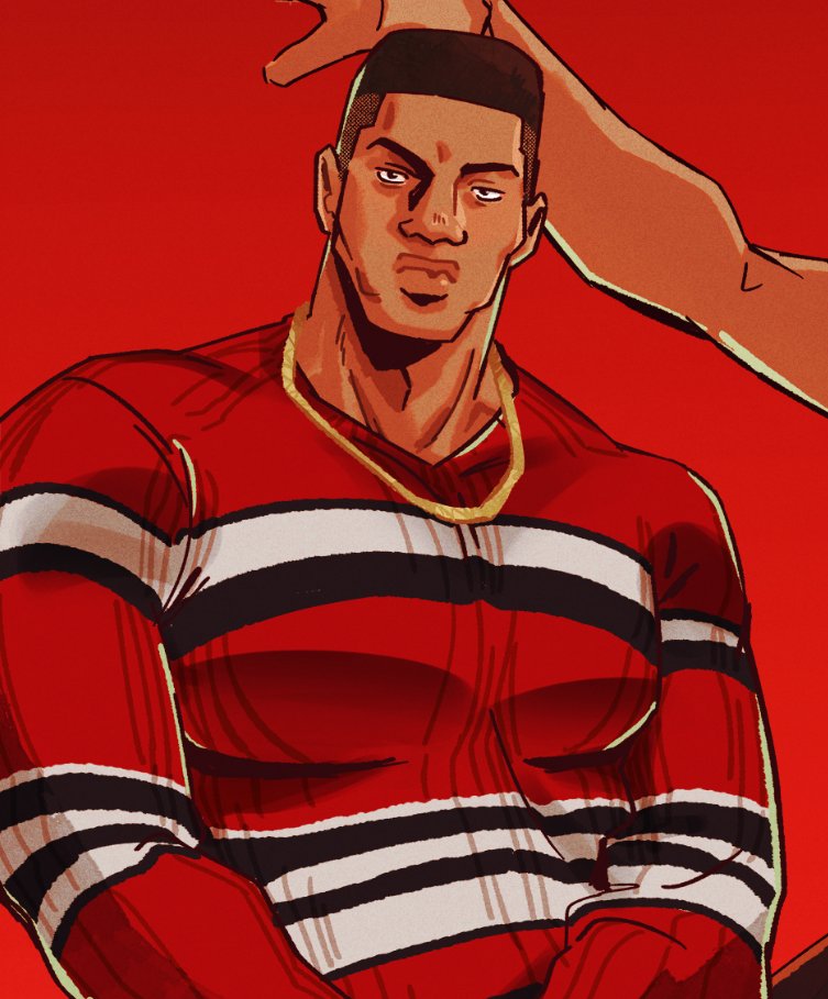 1boy akagi_takenori bara black_hair dark-skinned_male dark_skin gold_necklace jade_poon_(pooniverse) jewelry looking_at_viewer male_focus muscular muscular_male necklace pectorals red_background short_hair simple_background slam_dunk_(series) solo sweater undercut upper_body